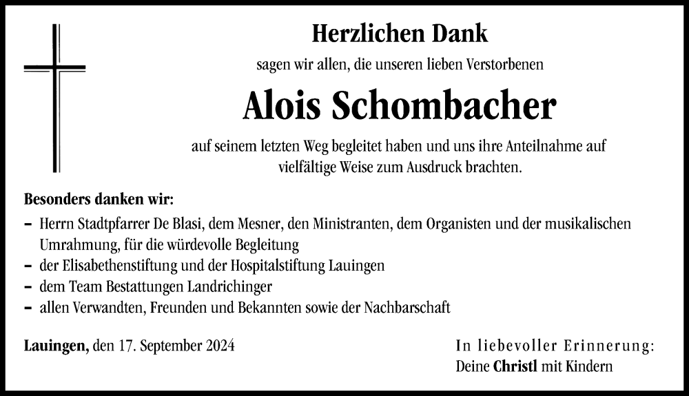 Traueranzeige von Alois Schombacher von Donau Zeitung