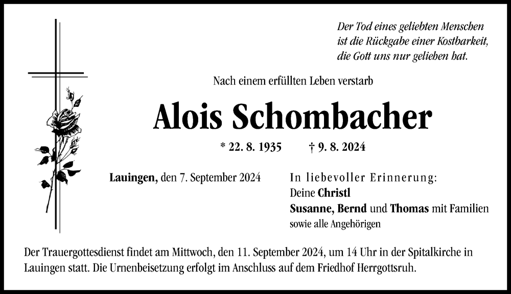 Traueranzeige von Alois Schombacher von Donau Zeitung