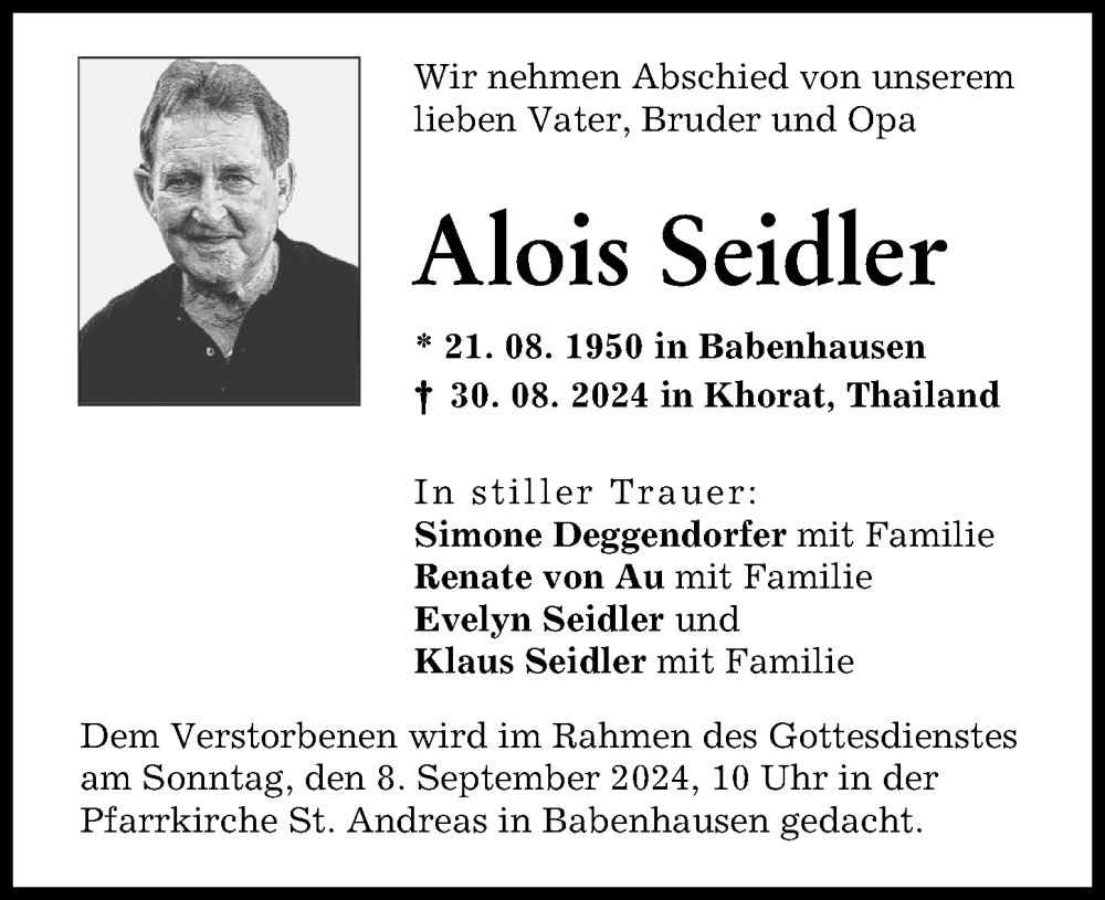 Traueranzeige von Alois Seidler von Illertisser Zeitung