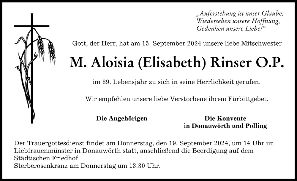 Traueranzeige von Aloisia Rinser von Donauwörther Zeitung