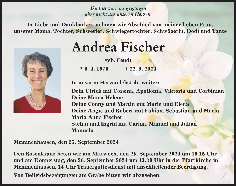 Traueranzeige von Andrea Fischer von Mittelschwäbische Nachrichten