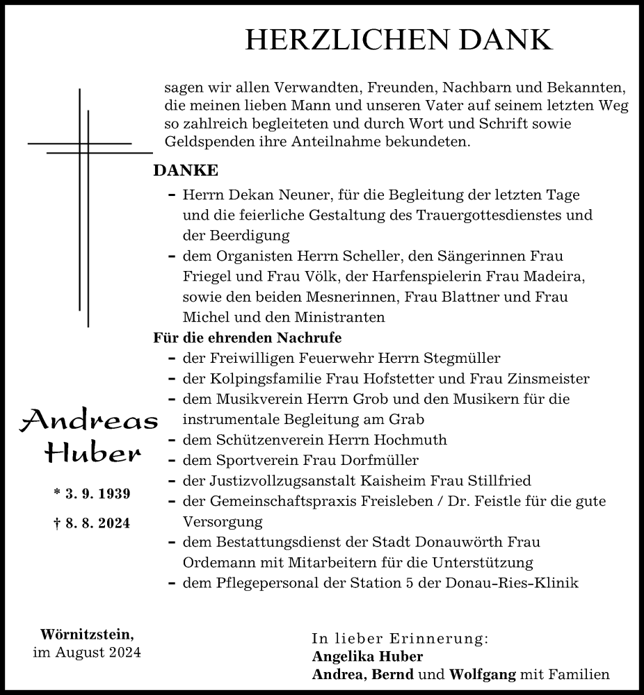 Traueranzeige von Andreas Huber von Donauwörther Zeitung