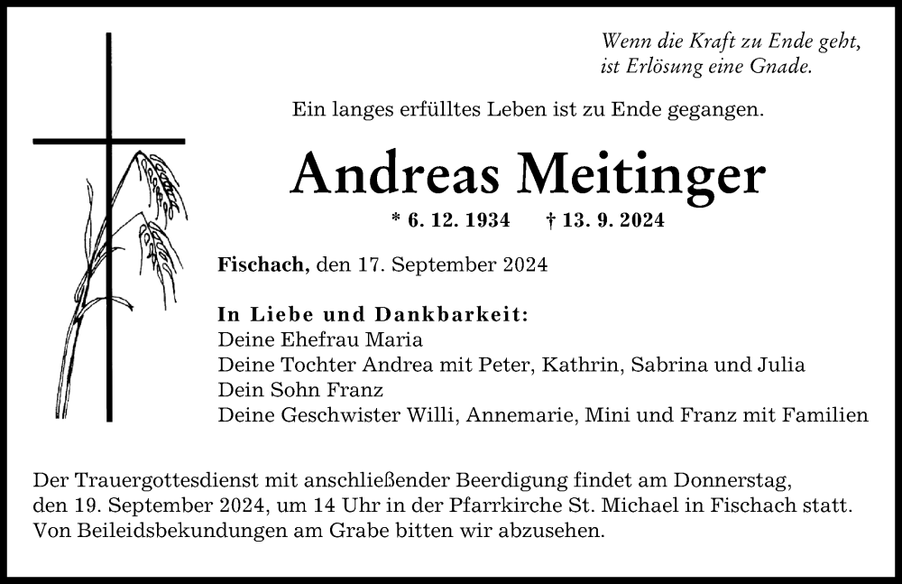 Traueranzeige von Andreas Meitinger von Augsburger Allgemeine