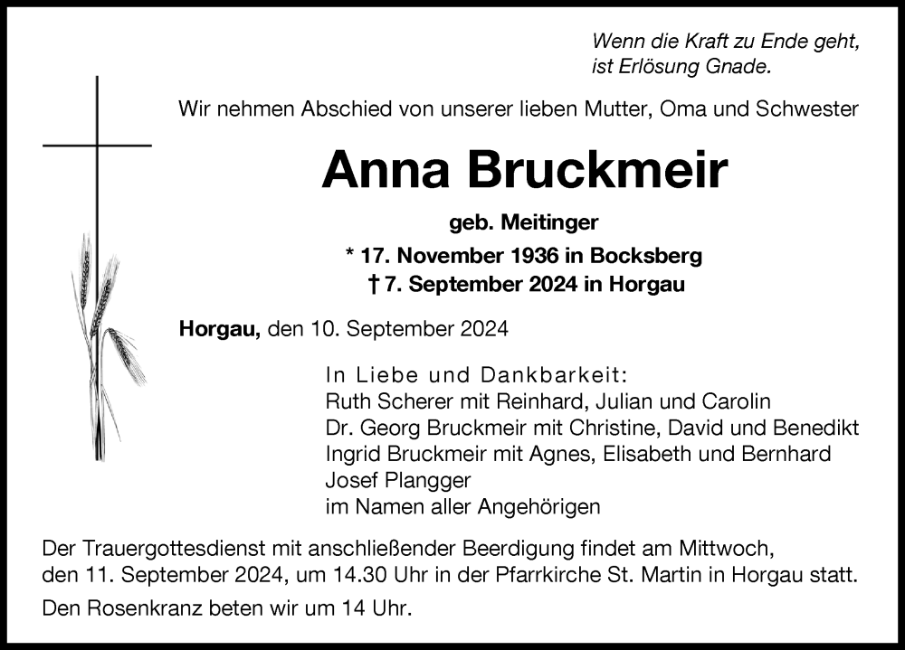 Traueranzeige von Anna Bruckmeir von Wertinger Zeitung, Augsburger Allgemeine