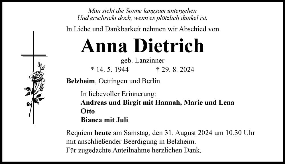 Traueranzeige von Anna Dietrich von Rieser Nachrichten