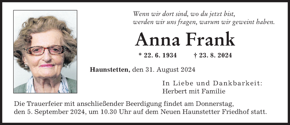 Traueranzeige von Anna Frank von Augsburger Allgemeine