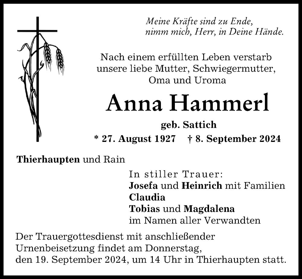 Traueranzeige von Anna Hammerl von Augsburg-Land