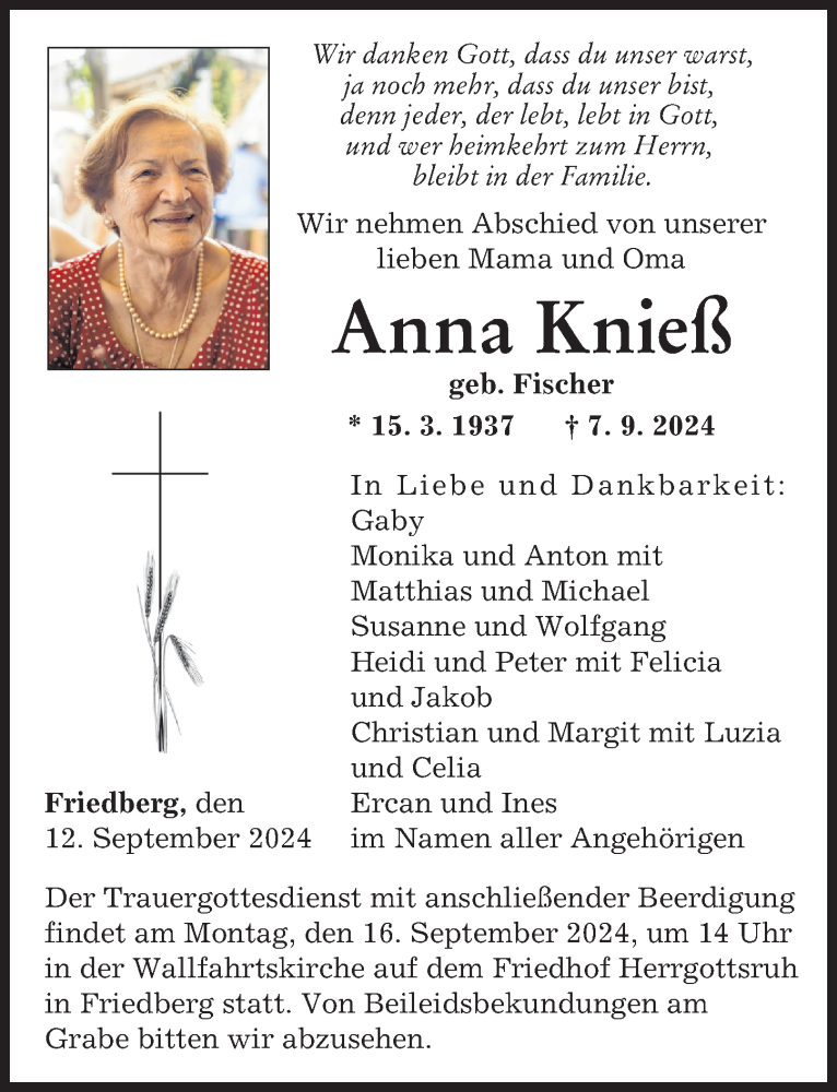 Traueranzeige von Anna Knieß von Friedberger Allgemeine, Aichacher Nachrichten, Augsburger Allgemeine