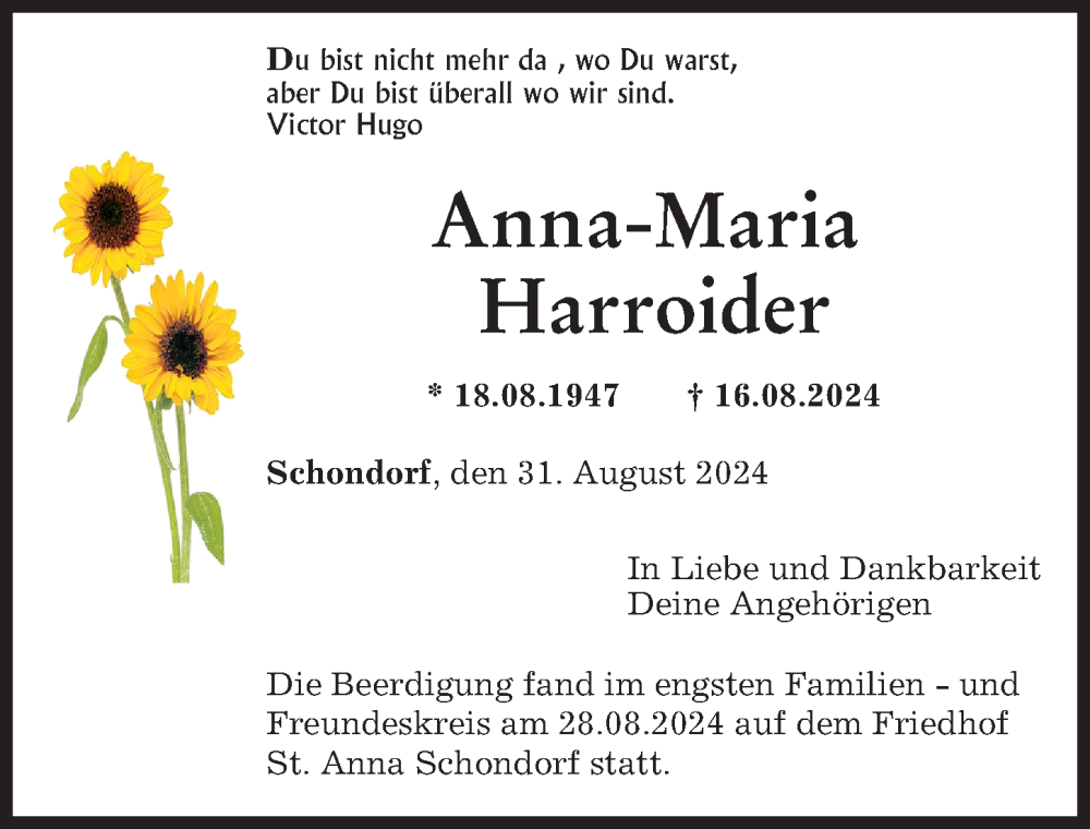 Traueranzeige von Anna-Maria Harroider von Landsberger Tagblatt