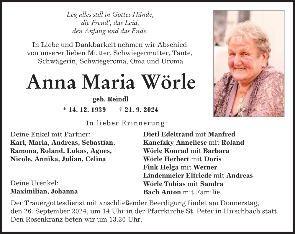 Traueranzeige von Anna Maria Wörle von Wertinger Zeitung