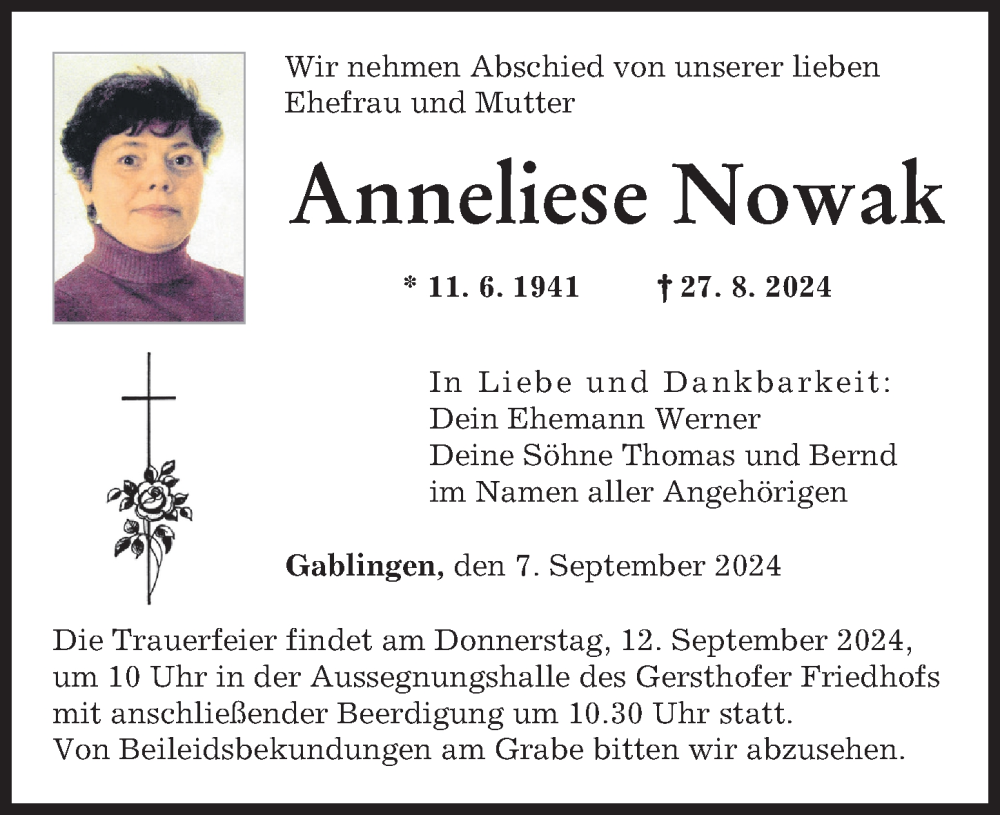 Traueranzeige von Anneliese Nowak von Augsburger Allgemeine