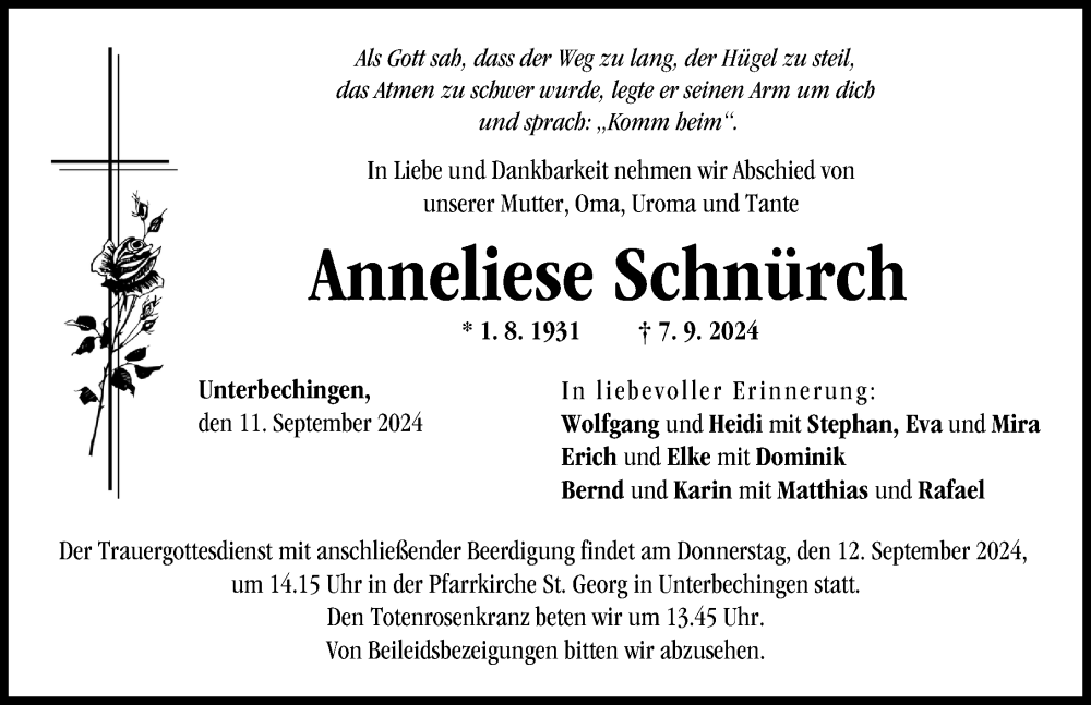 Traueranzeige von Anneliese Schnürch von Donau Zeitung