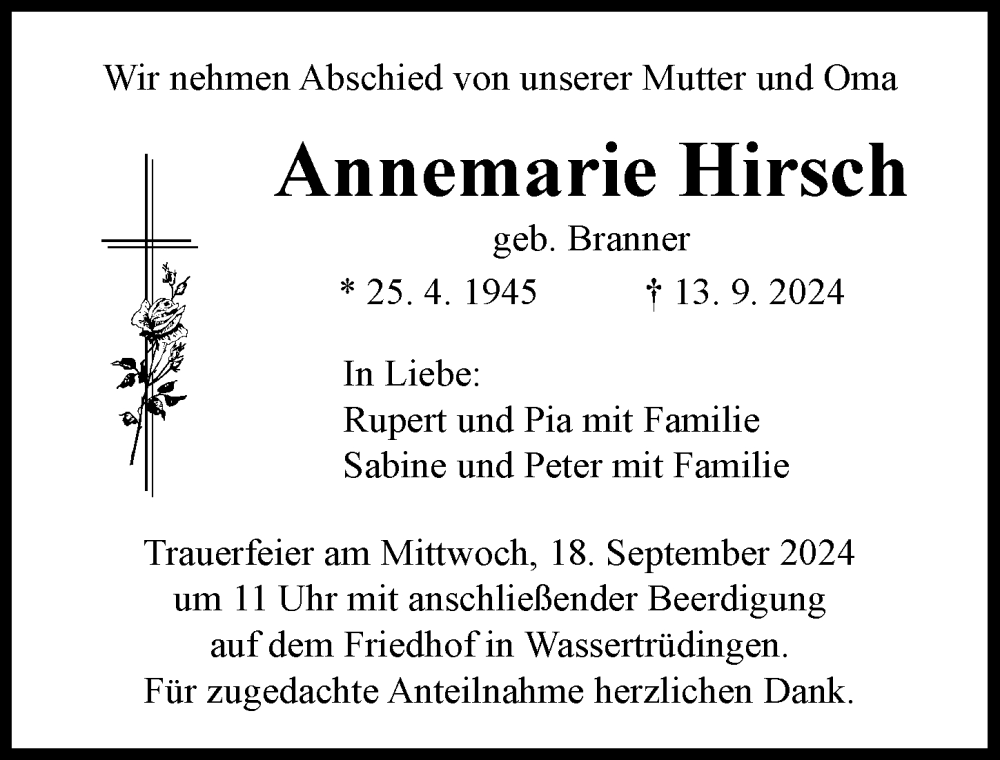 Traueranzeige von Annemarie Hirsch von Rieser Nachrichten