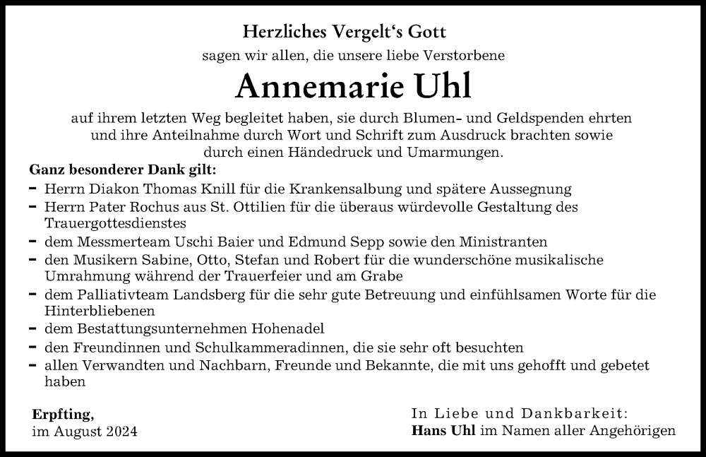 Traueranzeige von Annemarie Uhl von Landsberger Tagblatt