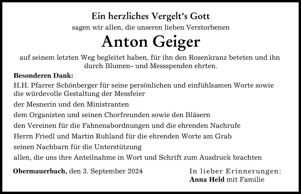 Traueranzeige von Anton Geiger von Aichacher Nachrichten