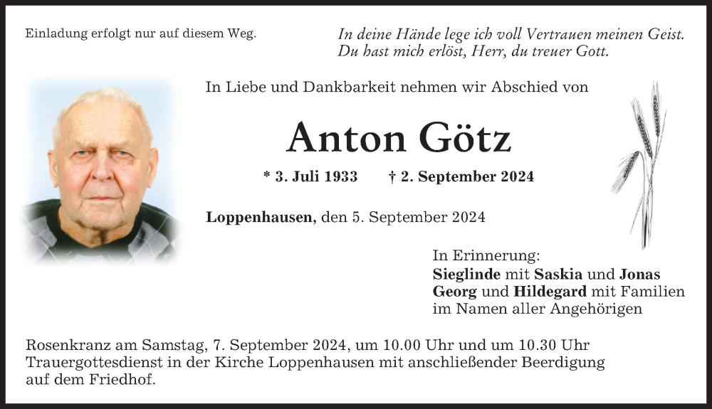 Traueranzeige von Anton Götz von Mindelheimer Zeitung