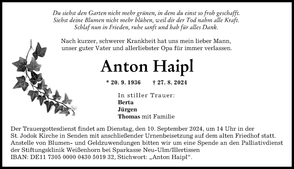 Traueranzeige von Anton Haipl von Neu-Ulmer Zeitung