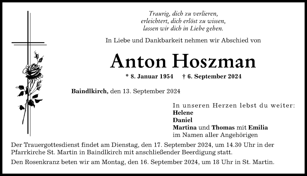  Traueranzeige für Anton Hoszman vom 13.09.2024 aus Friedberger Allgemeine