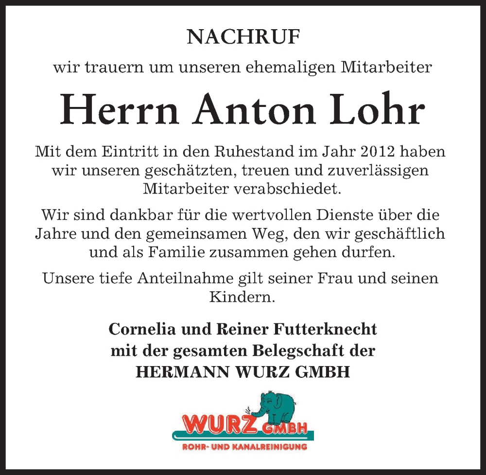 Traueranzeige von Anton Lohr von Günzburger Zeitung