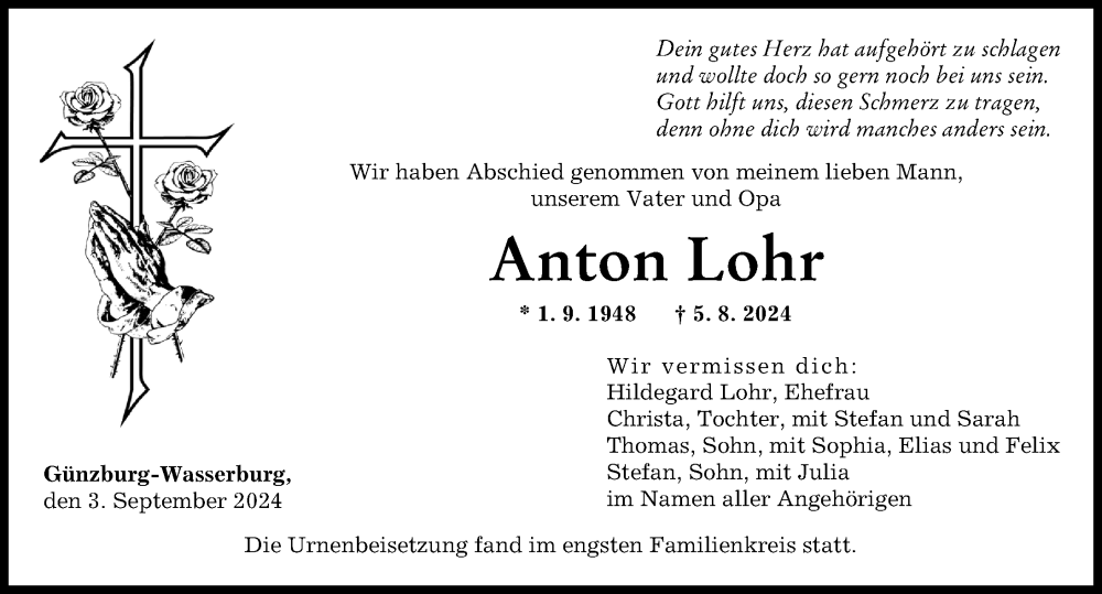 Traueranzeige von Anton Lohr von Günzburger Zeitung