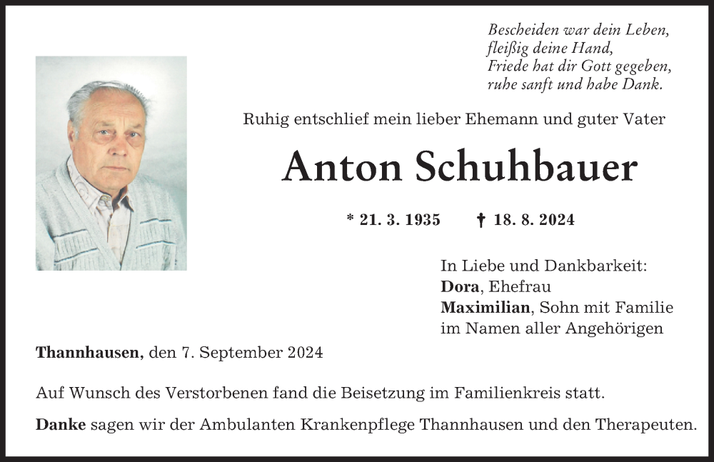 Traueranzeige von Anton Schuhbauer von Mittelschwäbische Nachrichten