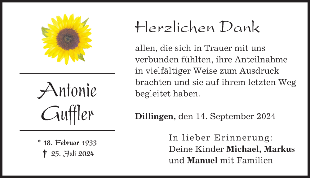 Traueranzeige von Antonie Guffler von Donau Zeitung