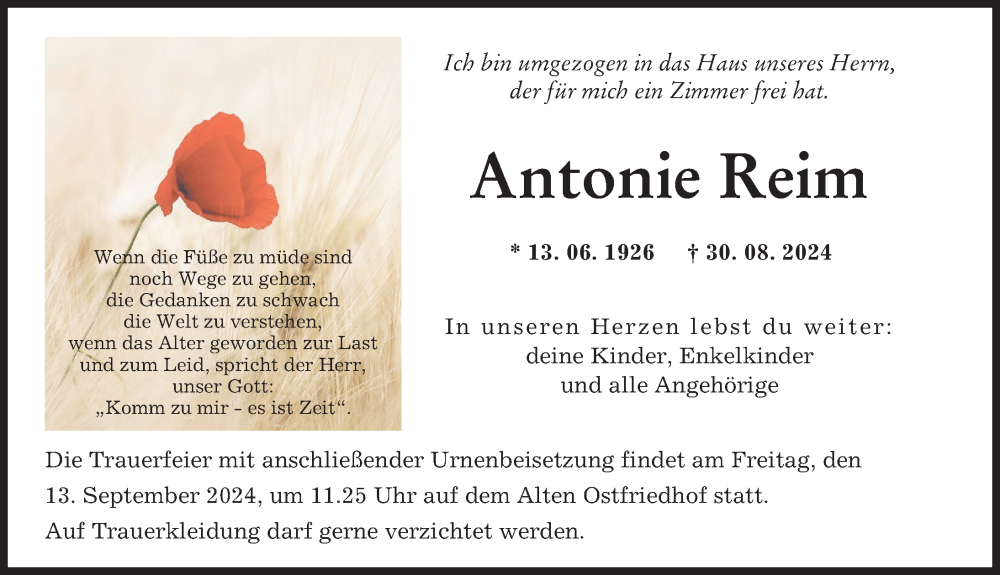 Traueranzeige von Antonie Reim von Augsburger Allgemeine