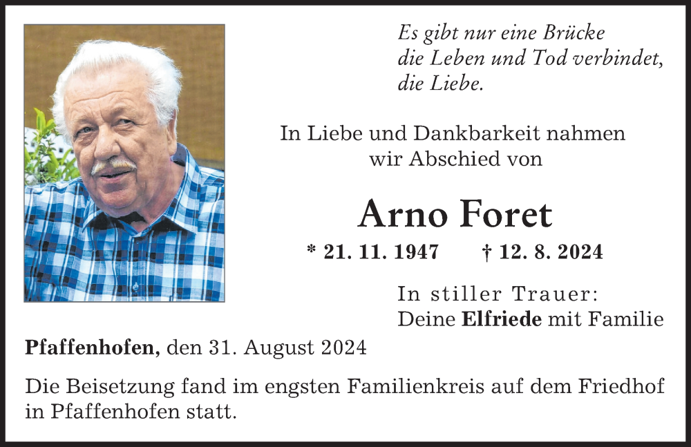 Traueranzeige von Arno Foret von Neu-Ulmer Zeitung