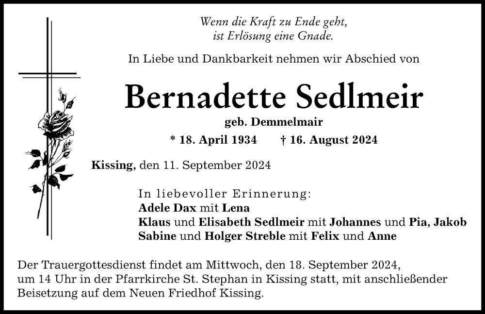 Traueranzeige von Bernadette Sedlmeir von Friedberger Allgemeine