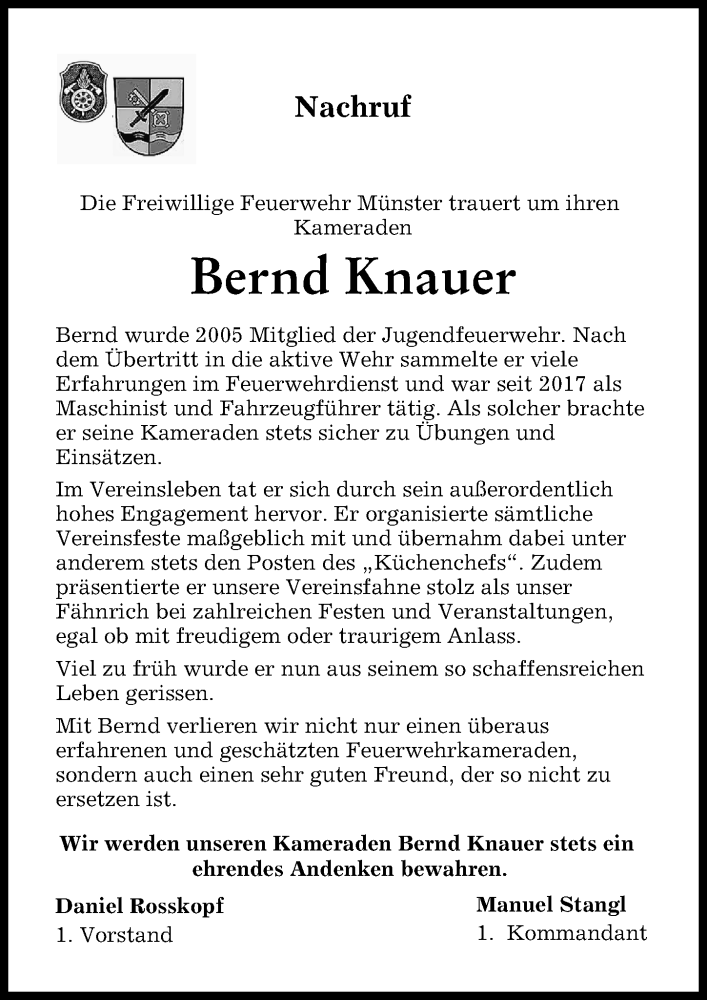 Traueranzeige von Bernd Knauer von Donauwörther Zeitung