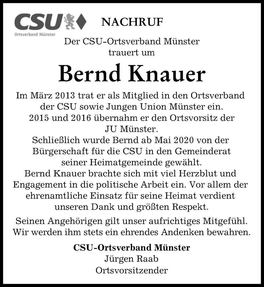 Traueranzeige von Bernd Knauer von Donauwörther Zeitung