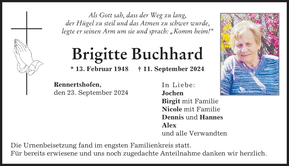 Traueranzeige von Brigitte Buchhard von Neuburger Rundschau