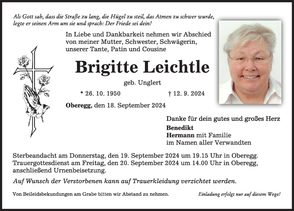 Traueranzeige von Brigitte Leichtle von Mindelheimer Zeitung