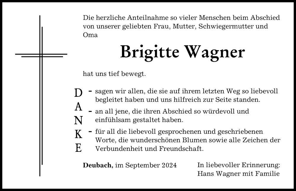 Traueranzeige von Brigitte Wagner von Augsburger Allgemeine