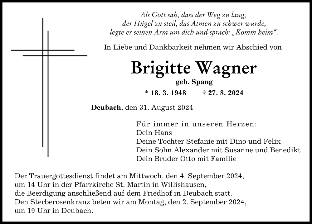 Traueranzeige von Brigitte Wagner von Augsburger Allgemeine