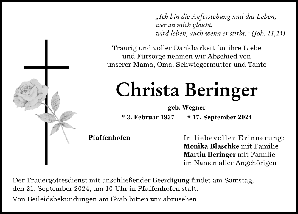 Traueranzeige von Christa Beringer von Wertinger Zeitung