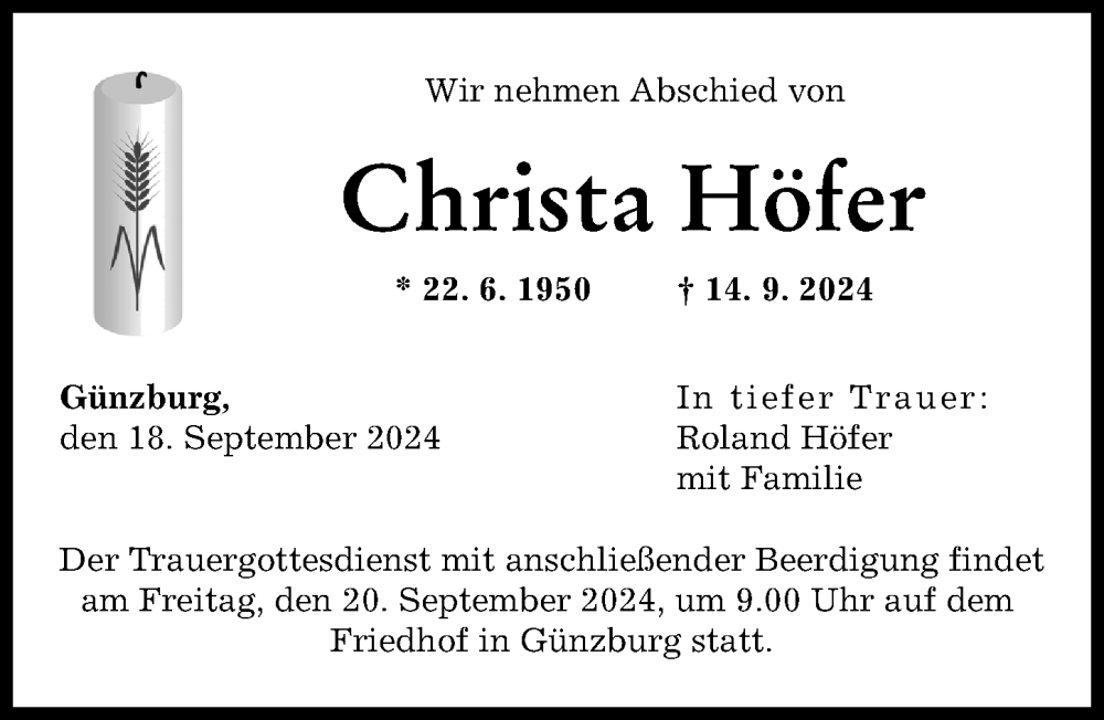 Traueranzeige von Christa Höfer von Günzburger Zeitung