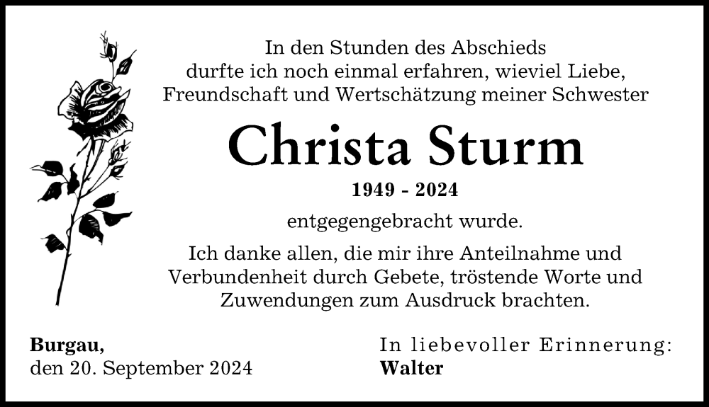 Traueranzeige von Christa Sturm von Günzburger Zeitung