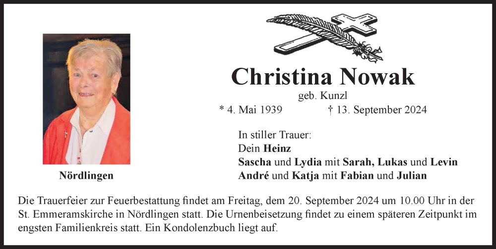 Traueranzeige von Christina Nowak von Rieser Nachrichten