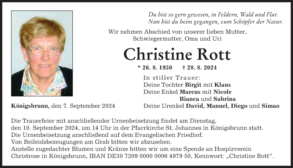 Traueranzeige von Christine Rott von Schwabmünchner Allgemeine