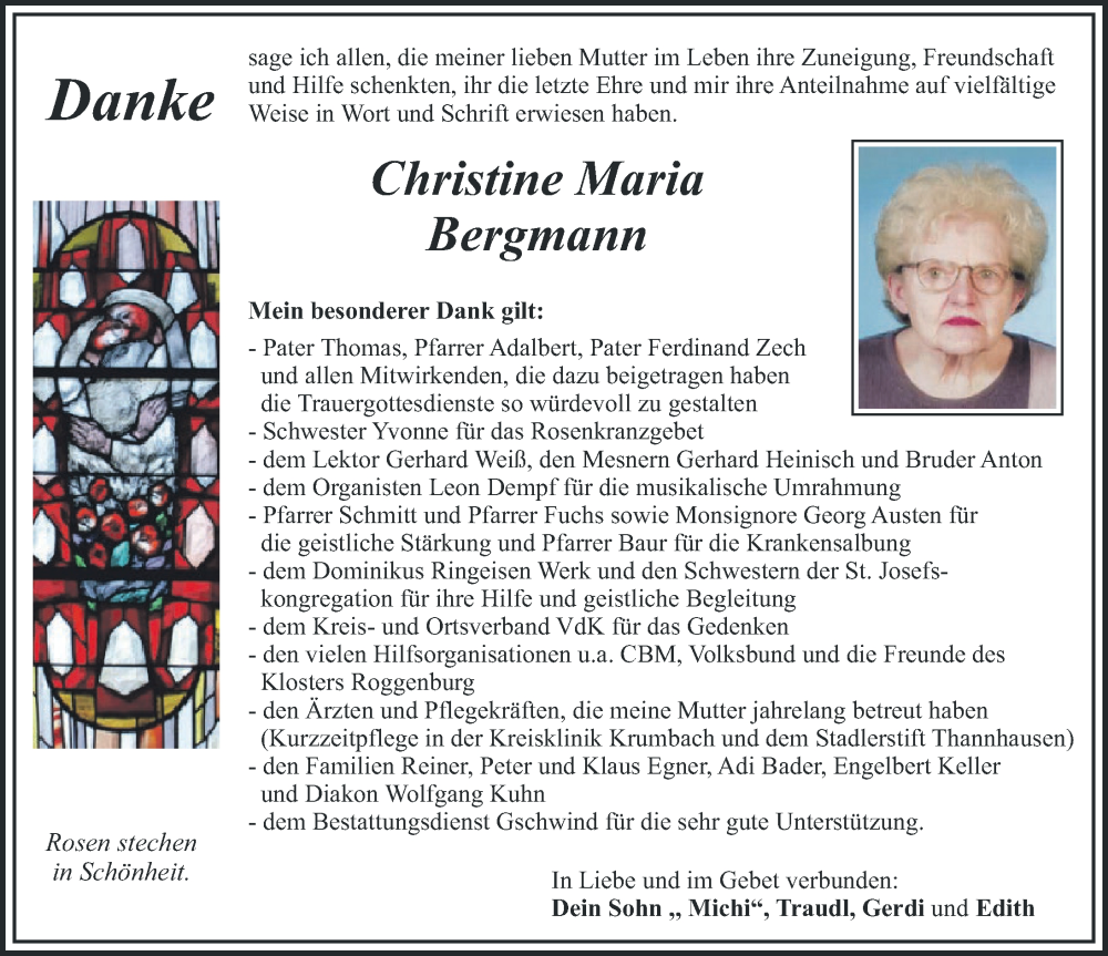 Traueranzeige von Christine Maria Bergmann von Mittelschwäbische Nachrichten