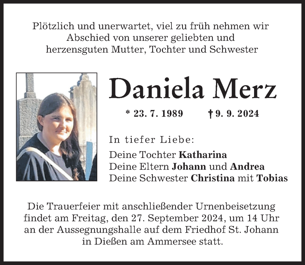 Traueranzeige von Daniela Merz von Ammersee Kurier