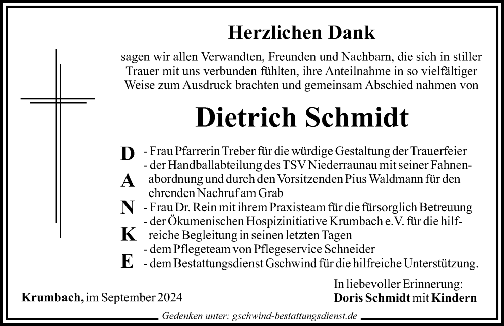 Traueranzeige von Dietrich Schmidt von Mittelschwäbische Nachrichten