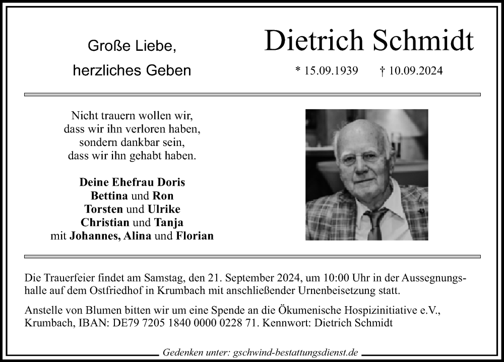 Traueranzeige von Dietrich Schmidt von Mittelschwäbische Nachrichten