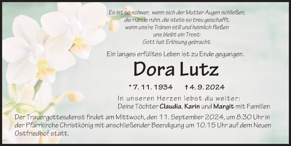 Traueranzeige von Dora Lutz von Augsburger Allgemeine