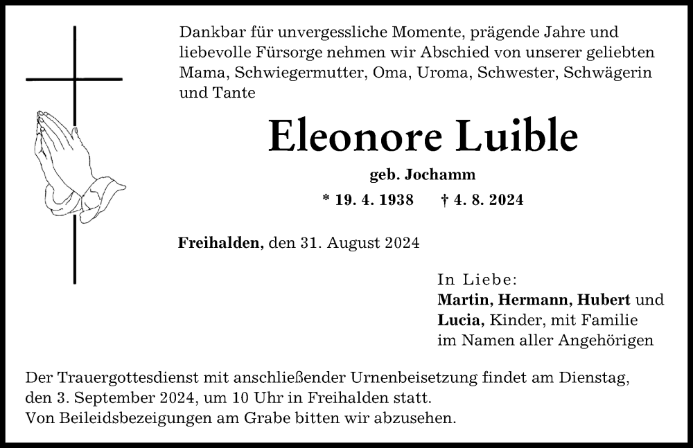 Traueranzeige von Eleonore Luible von Günzburger Zeitung