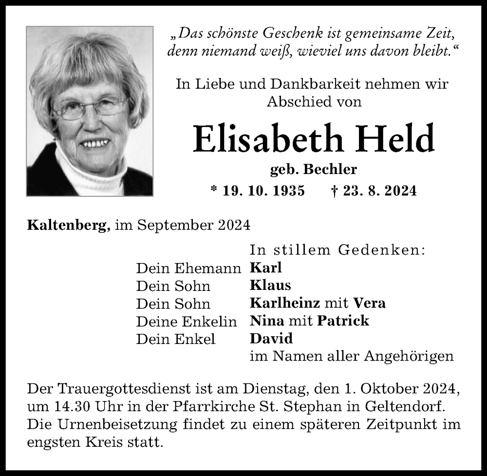 Traueranzeige von Elisabeth Held von Landsberger Tagblatt