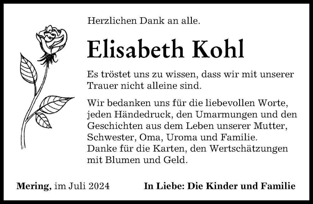 Traueranzeige von Elisabeth Kohl von Friedberger Allgemeine