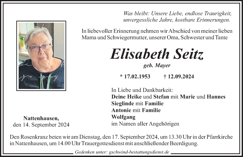 Traueranzeige von Elisabeth Seitz von Mittelschwäbische Nachrichten