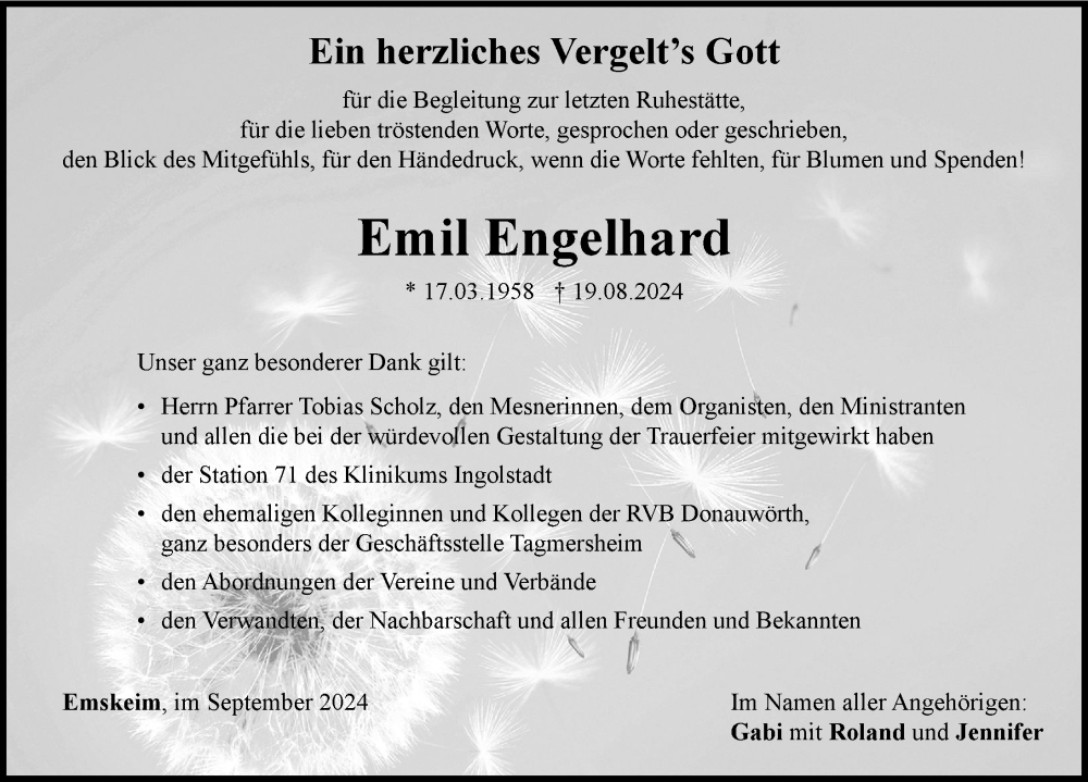 Traueranzeige von Emil Engelhard von Donauwörther Zeitung, Neuburger Rundschau